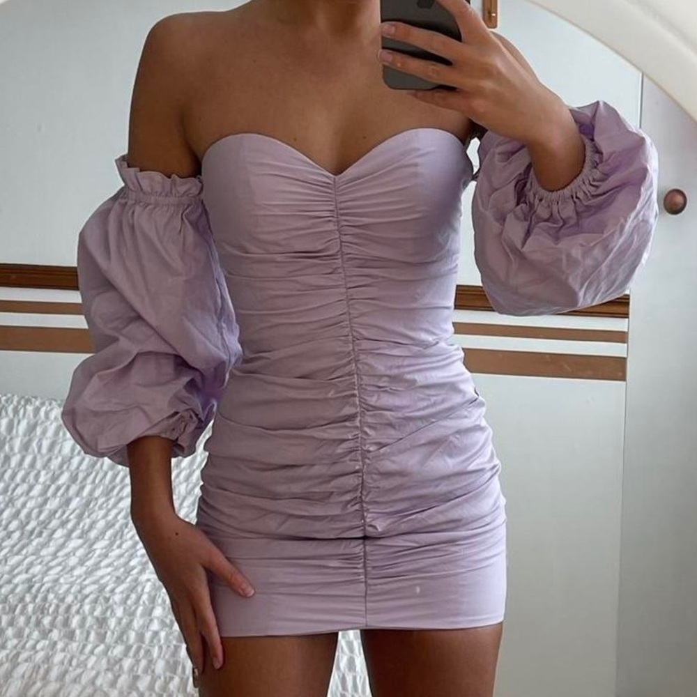 Oh Polly Lavender Puff Sleeve Ruched Mini Dress – Size UK 8 / US 4 NWOT